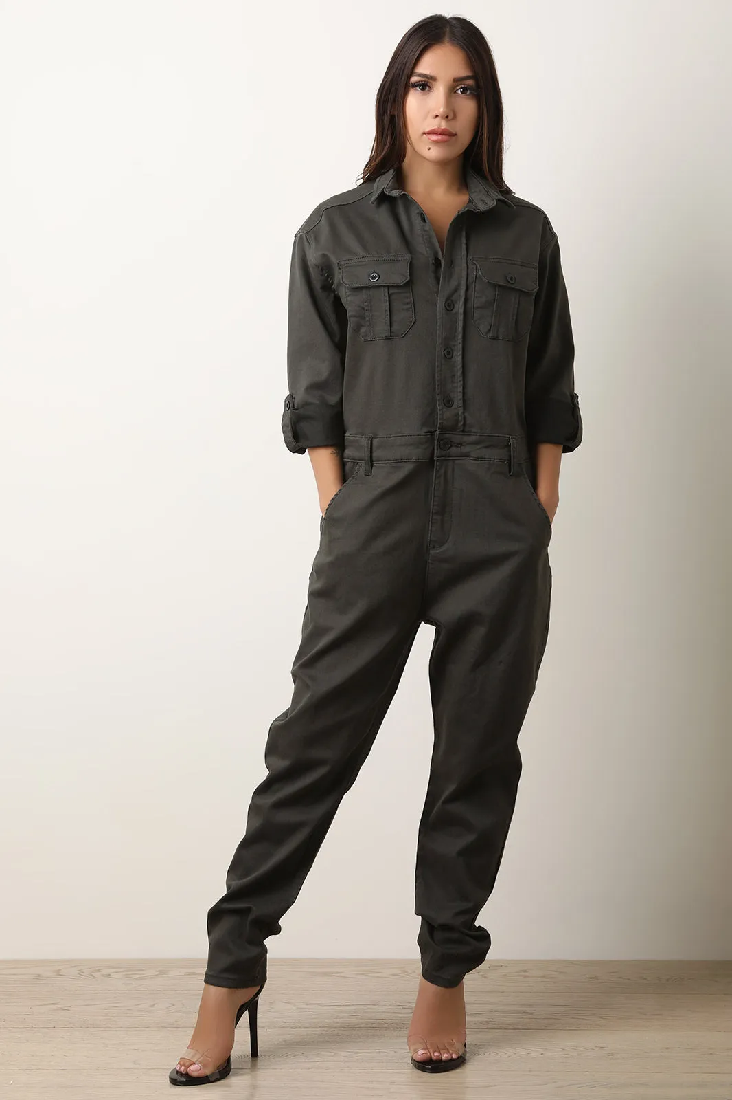 Button Up Collar Utility Jumpsuit