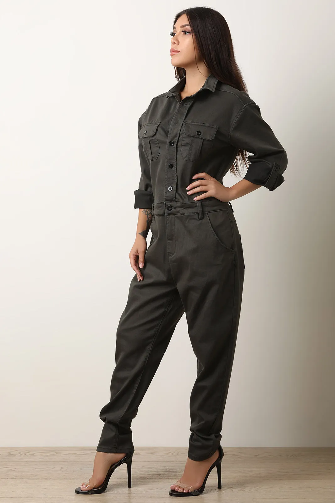 Button Up Collar Utility Jumpsuit