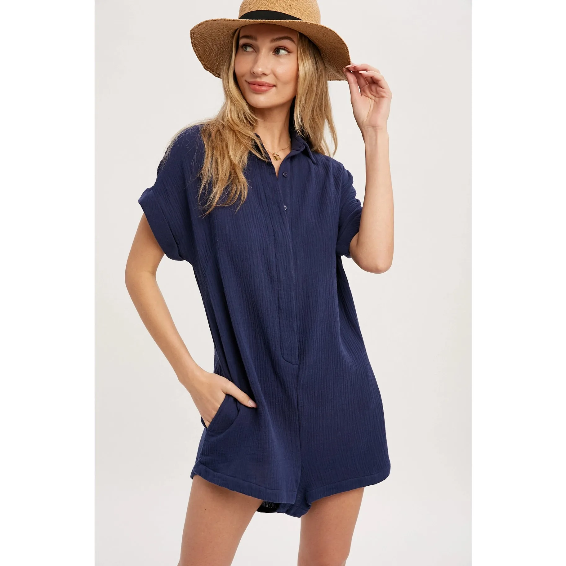 Button Up Shirt Romper - Indigo