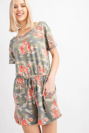 Camo floral print side pocket romper