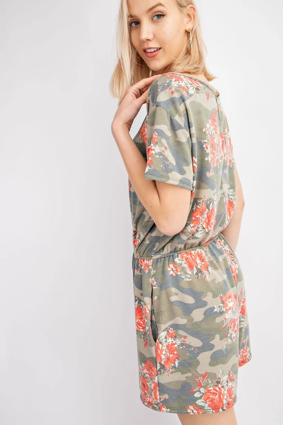 Camo floral print side pocket romper