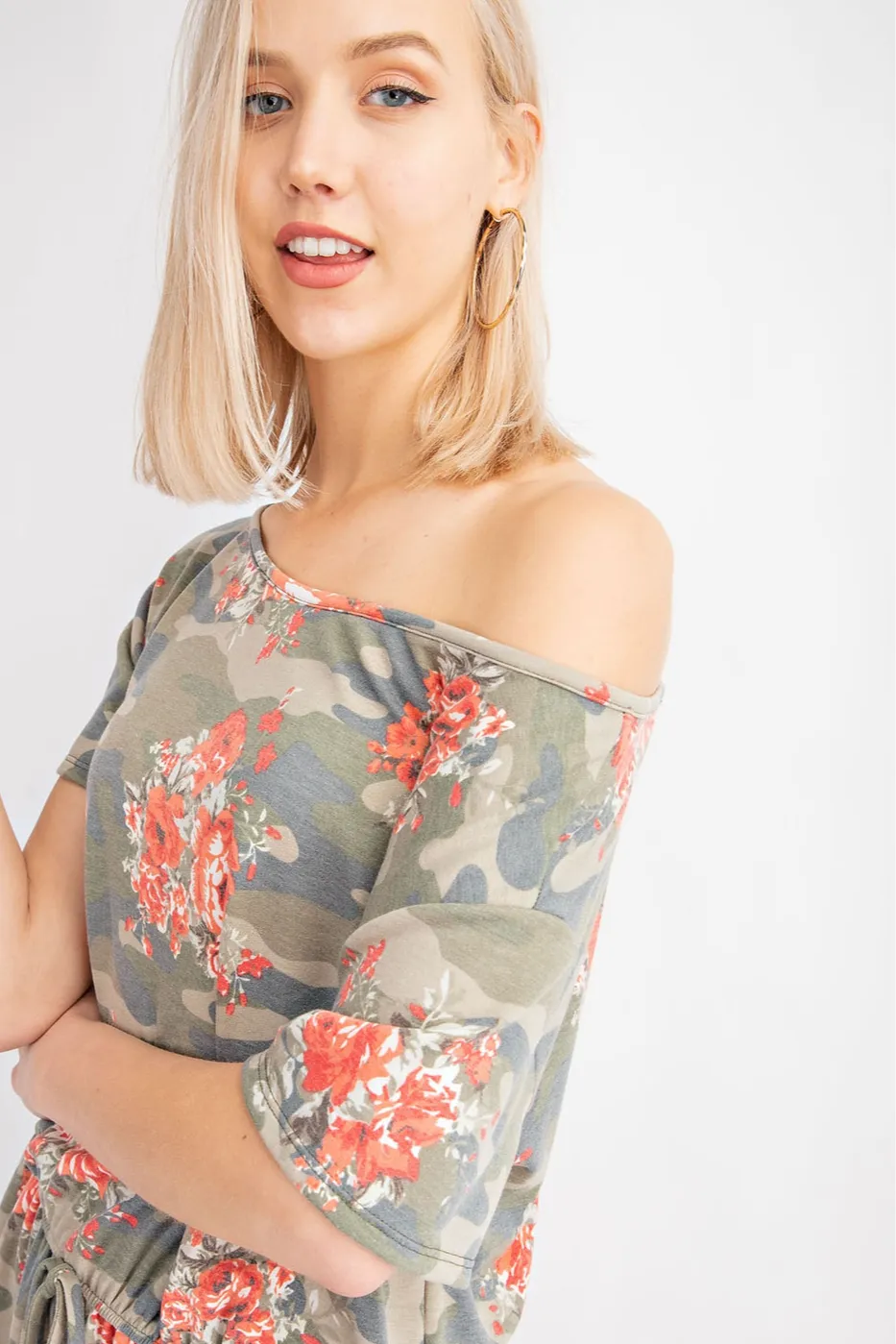 Camo floral print side pocket romper