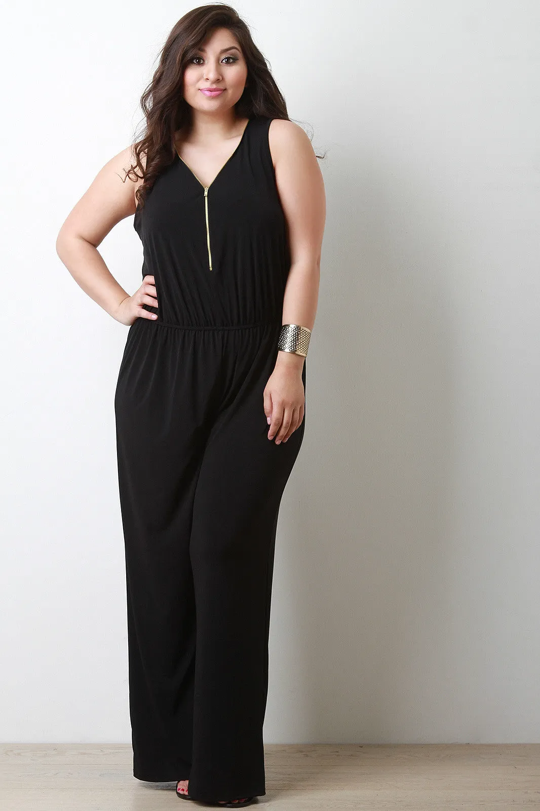 Contrast Zip Up Sleeveless Wide-Leg Jumpsuit