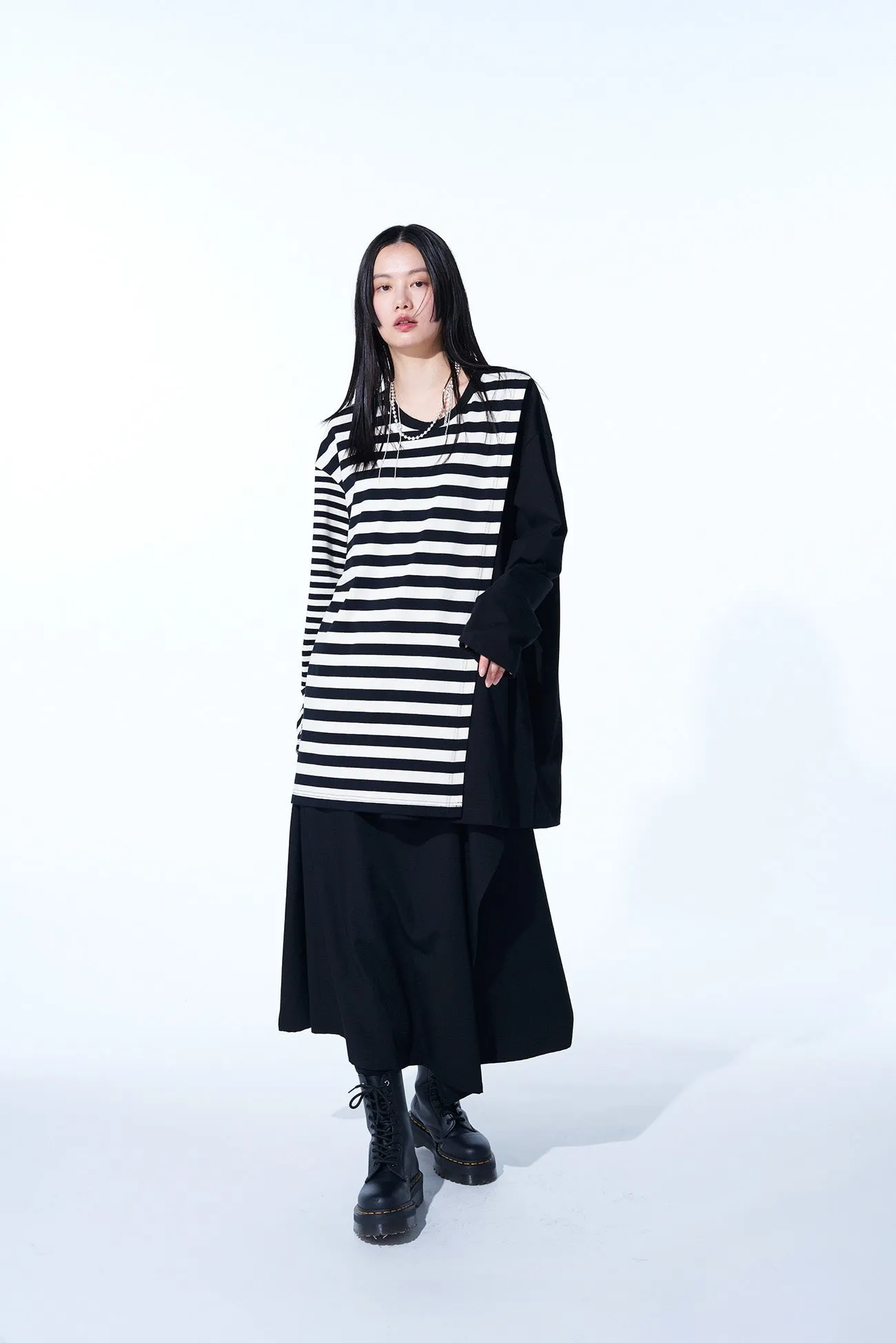 COTTON JERSEY FUSED STRIPE LAYERED LONG-SLEEVED T-SHIRT