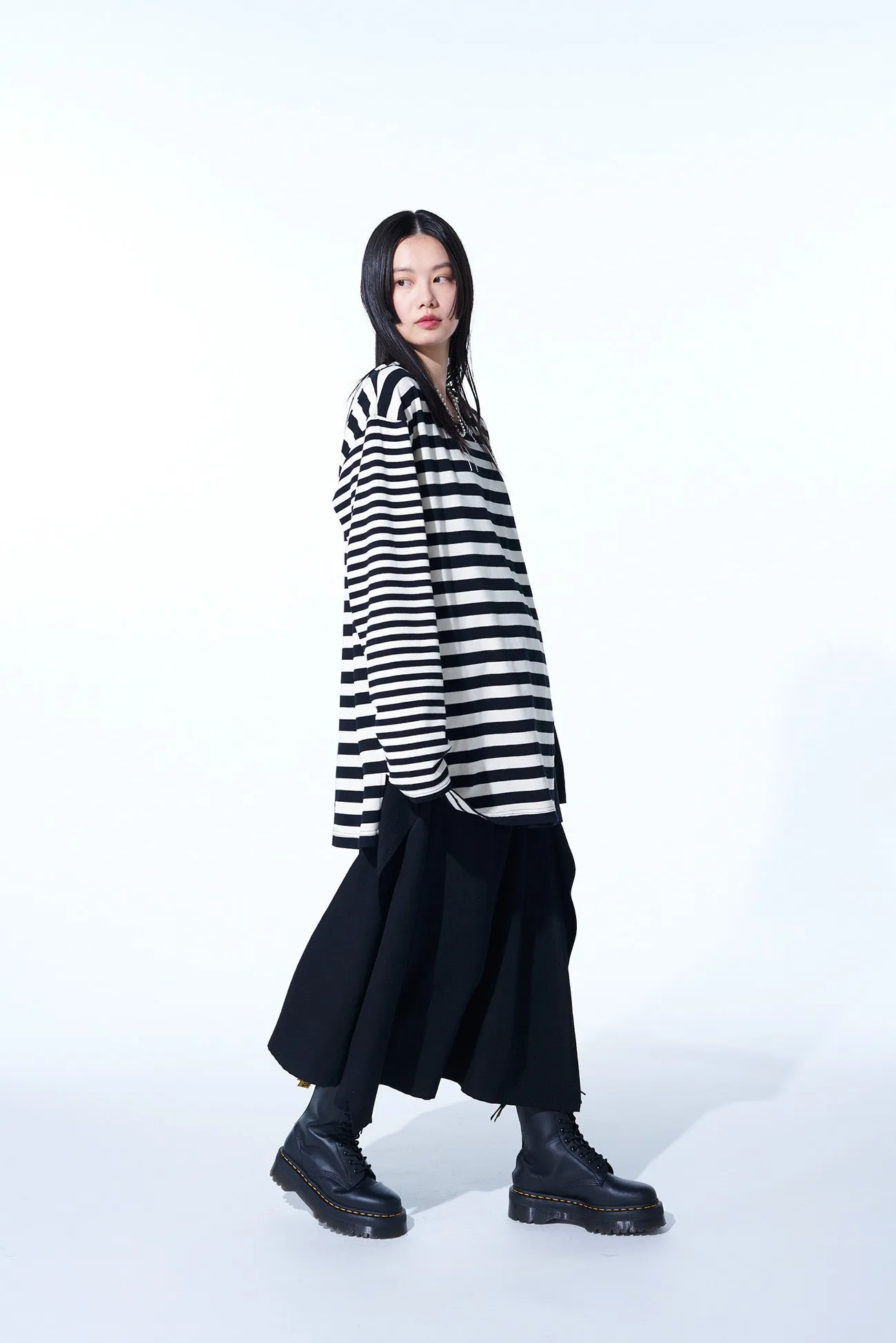 COTTON JERSEY FUSED STRIPE LAYERED LONG-SLEEVED T-SHIRT