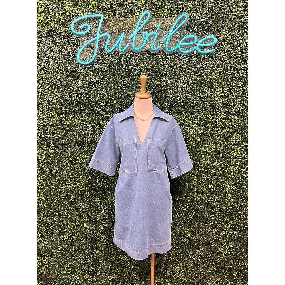 Denim V-Neck Mini Dress