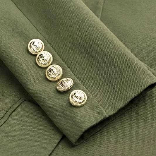 Double Breasted Army Green Blazer With Gold Buttons Slim Fit Belt Jacket