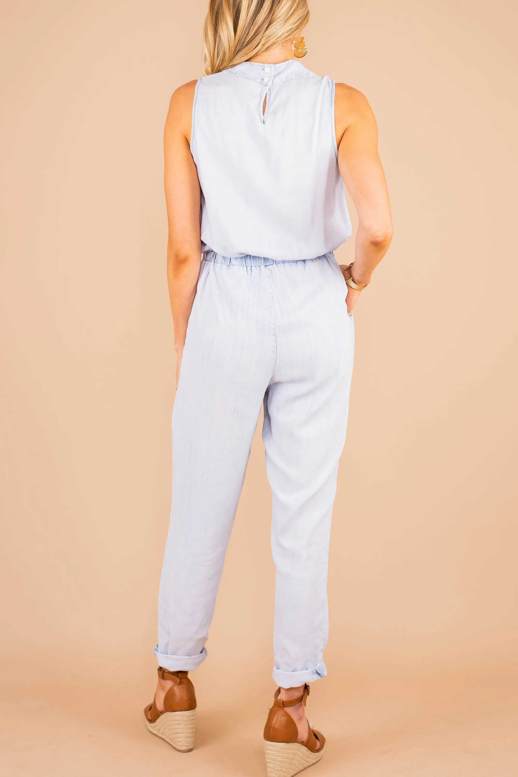 Feeling Fun Light Wash Chambray Sleeveless Jumpsuit