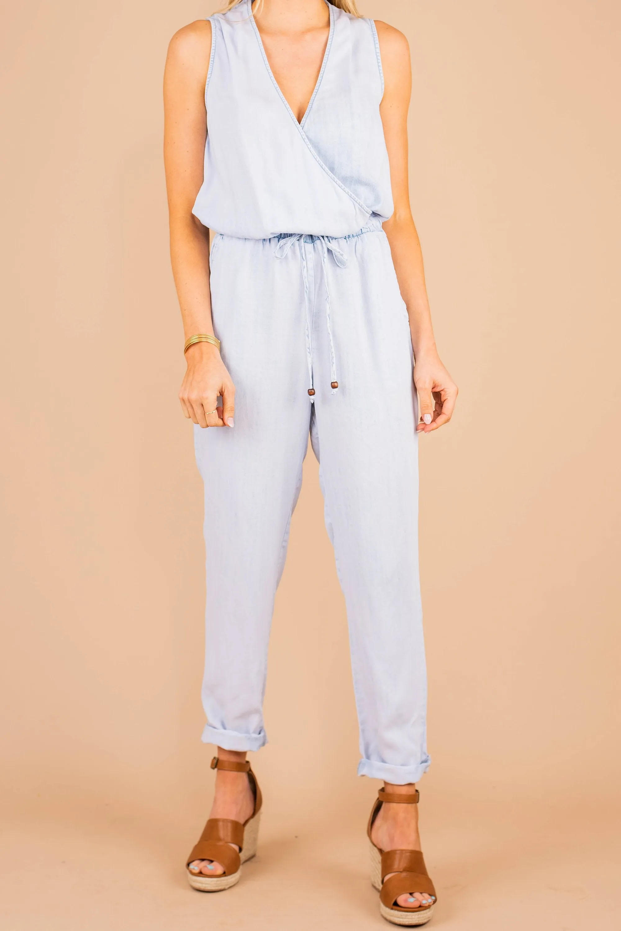 Feeling Fun Light Wash Chambray Sleeveless Jumpsuit