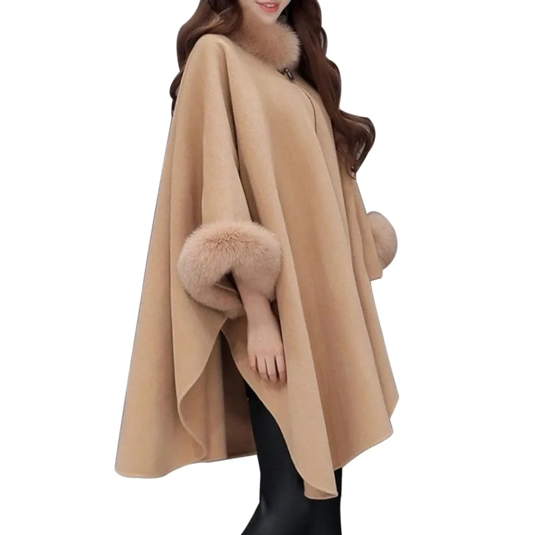 Flytonn-Elegant Women Winter Coats Batwing Fluffy Sleeve Cape Jacket Lady Woolen Overcoat Cape Fox Fur Collar Warm Ponchos Feminino