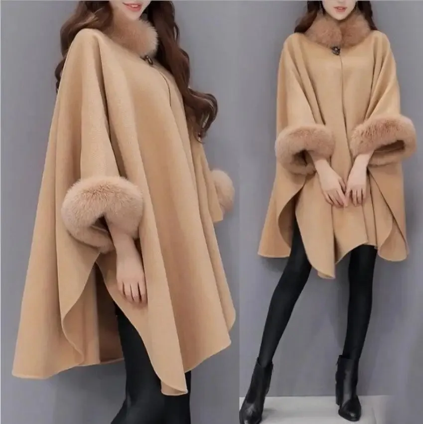 Flytonn-Elegant Women Winter Coats Batwing Fluffy Sleeve Cape Jacket Lady Woolen Overcoat Cape Fox Fur Collar Warm Ponchos Feminino