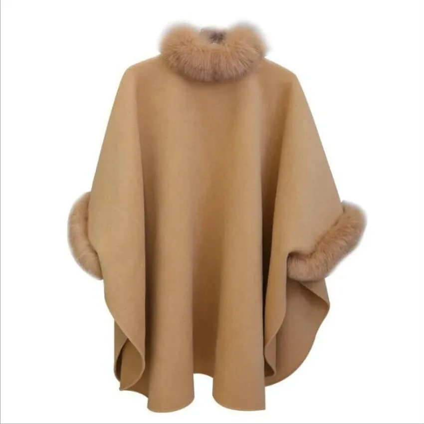 Flytonn-Elegant Women Winter Coats Batwing Fluffy Sleeve Cape Jacket Lady Woolen Overcoat Cape Fox Fur Collar Warm Ponchos Feminino