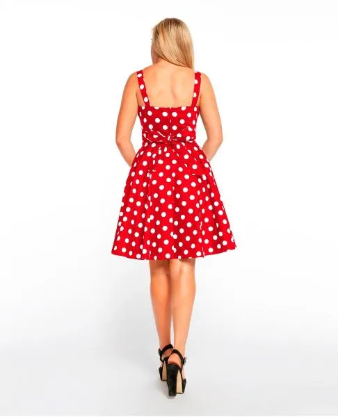 Fold-over Fit & Flare Dot Dress with Padded Bust - Red -