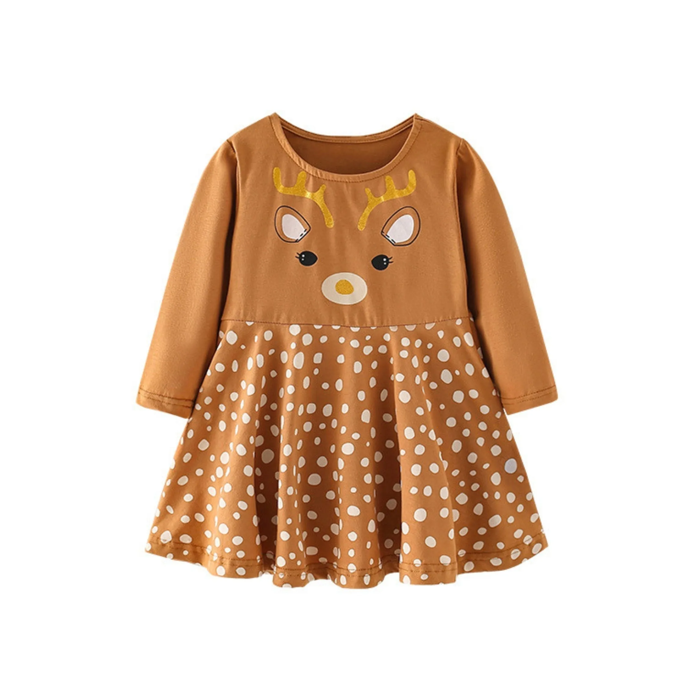 Full Sleeve Reindeer Theme Girls Dress, Brown