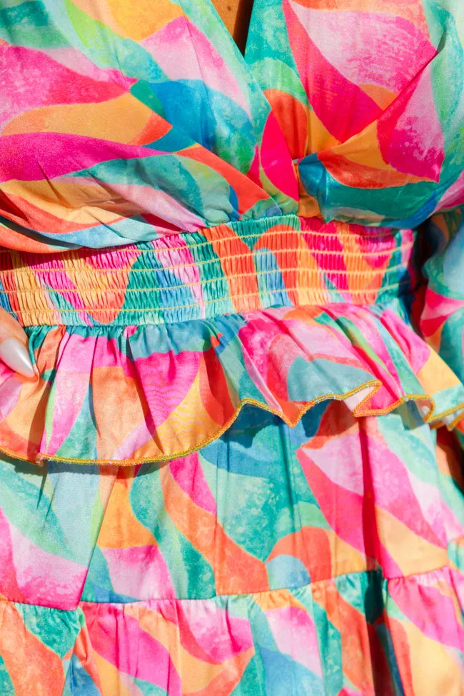 Fun And Flirty In Kaleidoscope Dreams Satin Ruffle Detail Dress