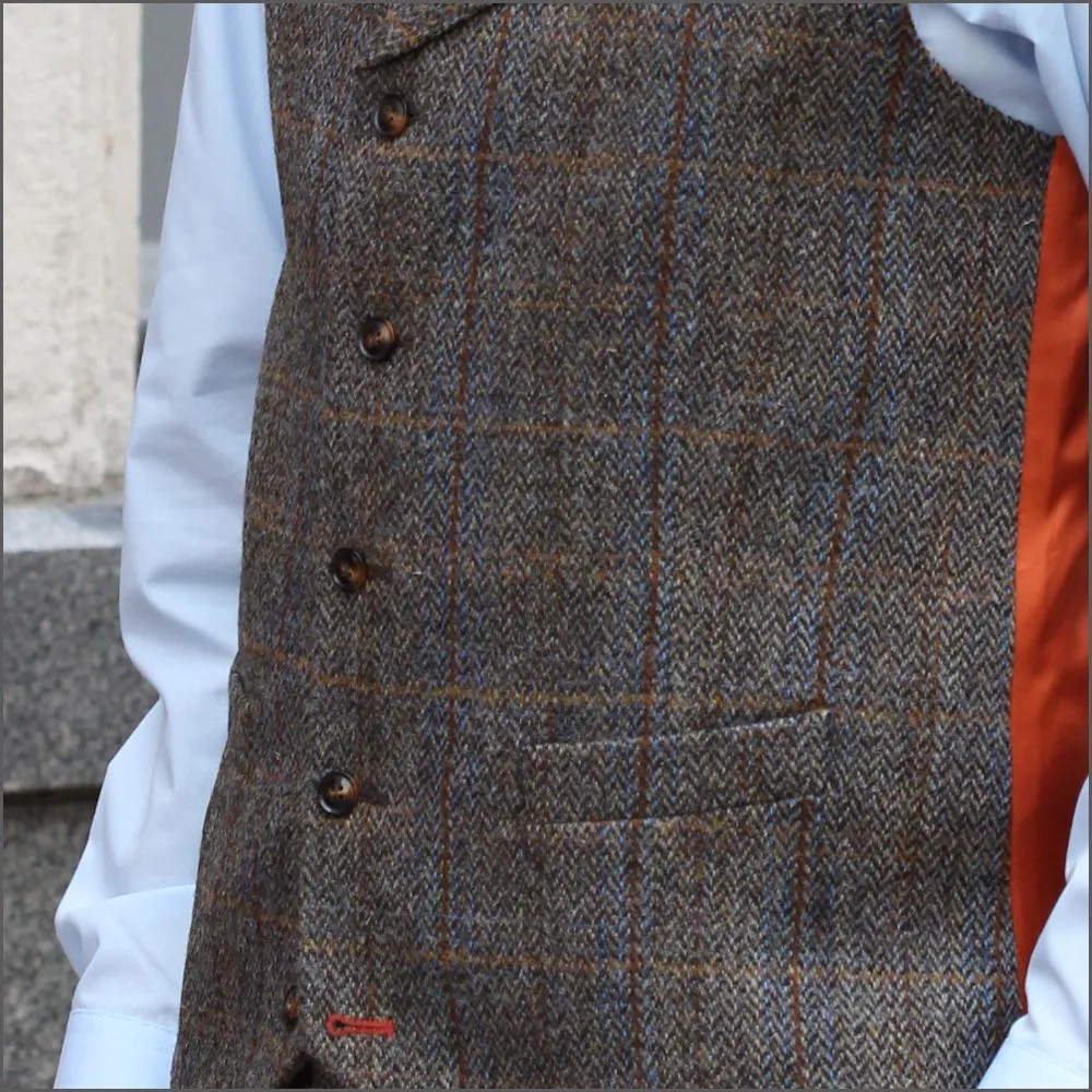 Harris Tweed Brown, Blue Herringbone Waistcoat--