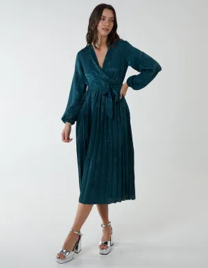 Jacquard Wrap Front Belted Pleated Midi Dress