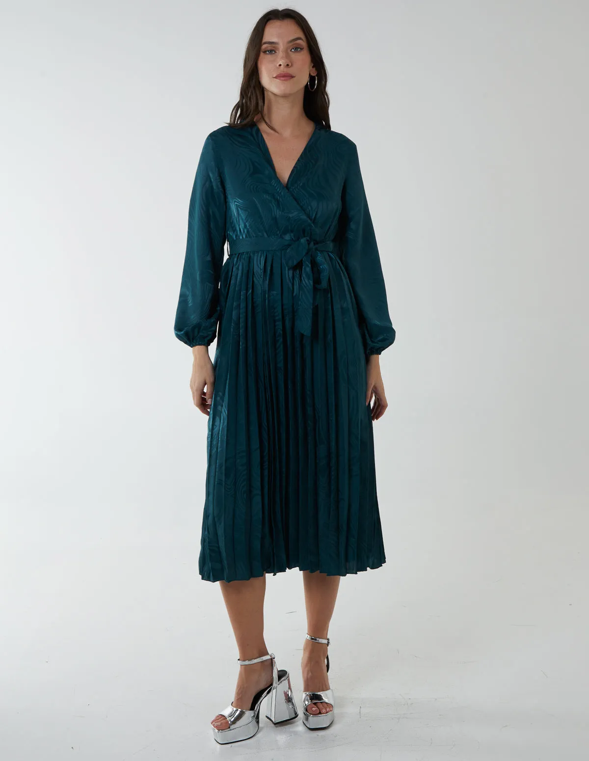 Jacquard Wrap Front Belted Pleated Midi Dress