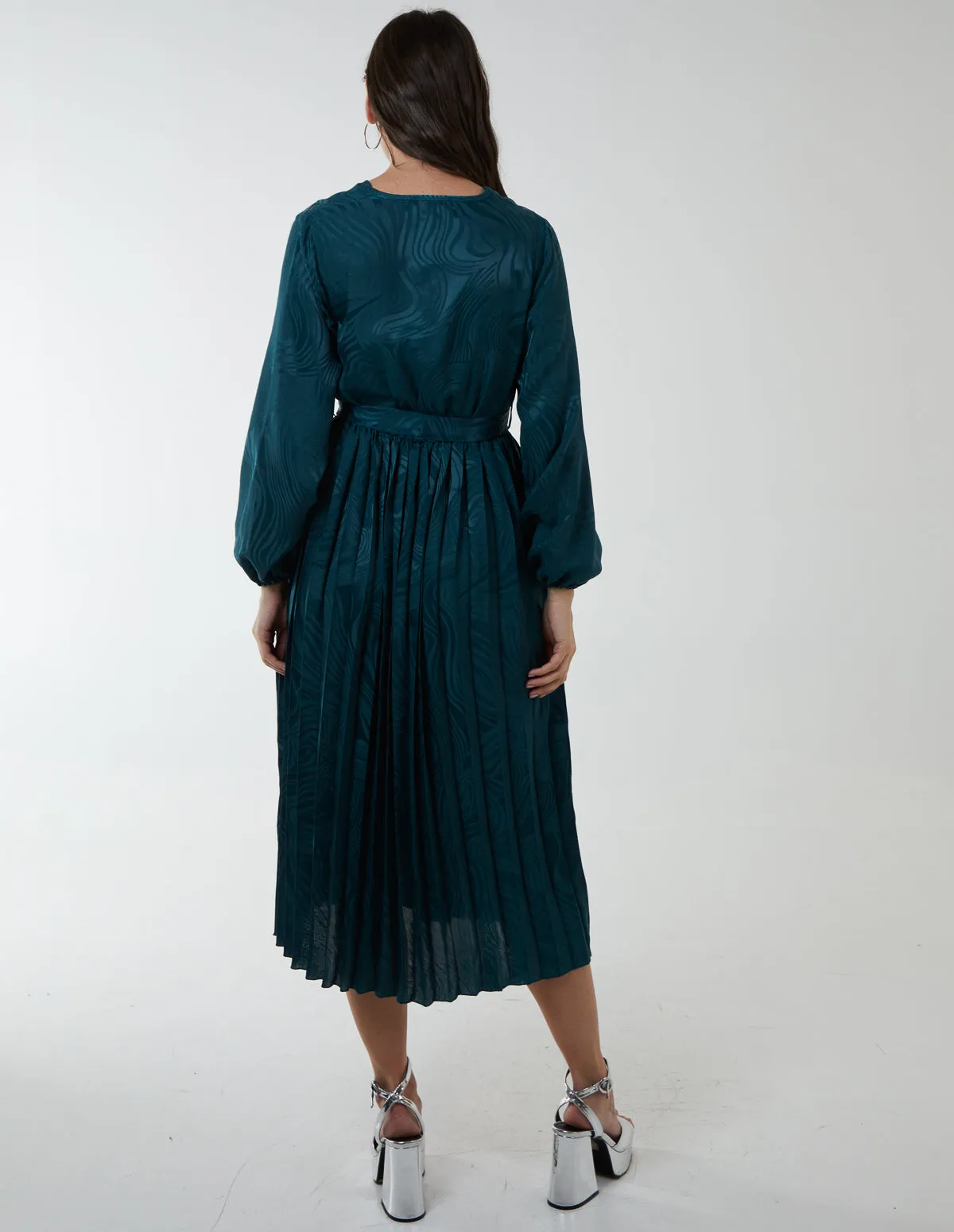 Jacquard Wrap Front Belted Pleated Midi Dress