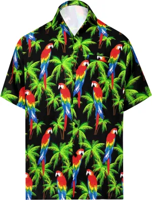 LA LEELA Parrot's Lagoon Men's Hawaiian Palm Tree Print Casual Shirts Short Sleeve Shirts Black_AA373