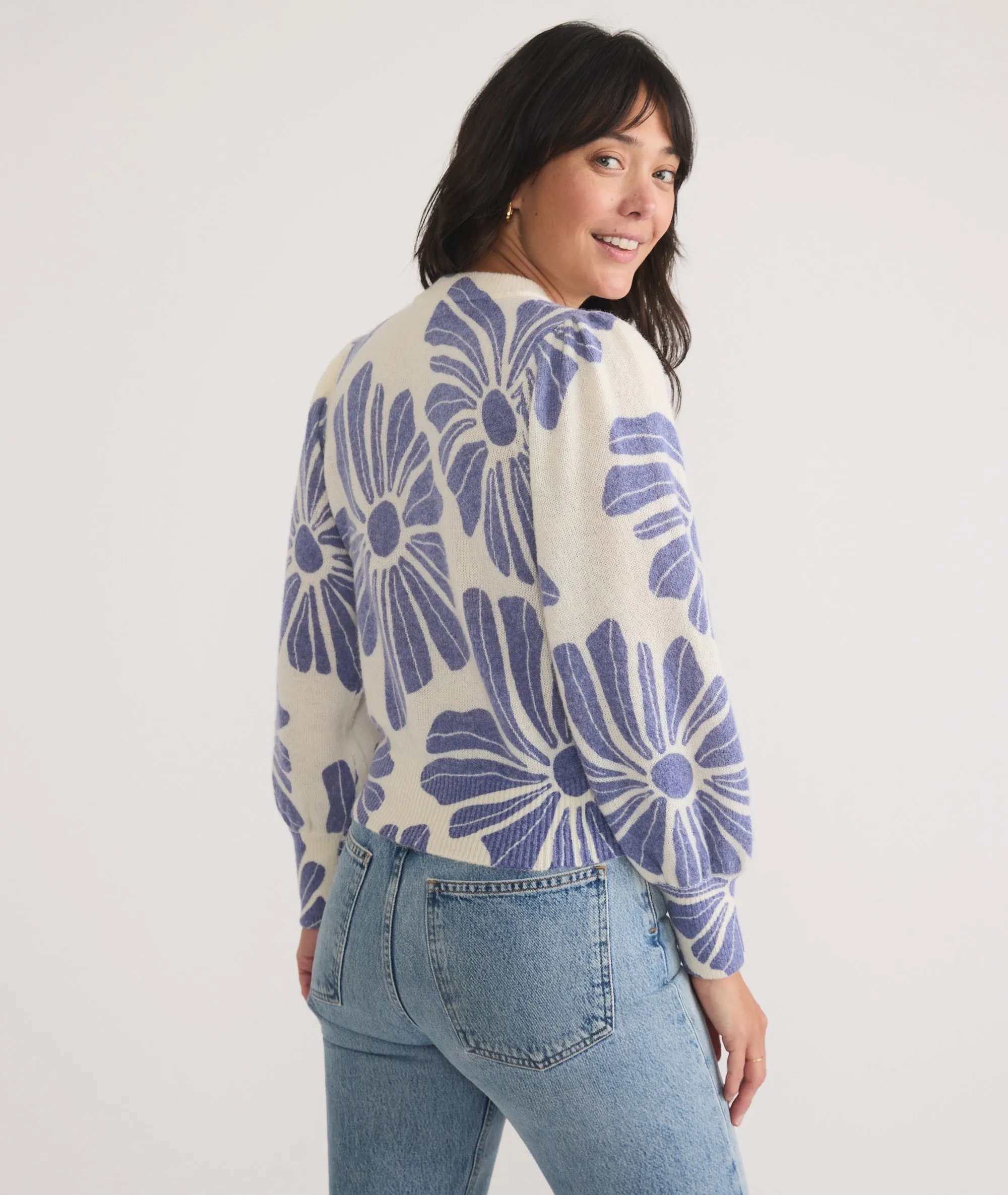 Marine Layer Print Alma Puff Sleeve Sweater in Royal Blue Floral