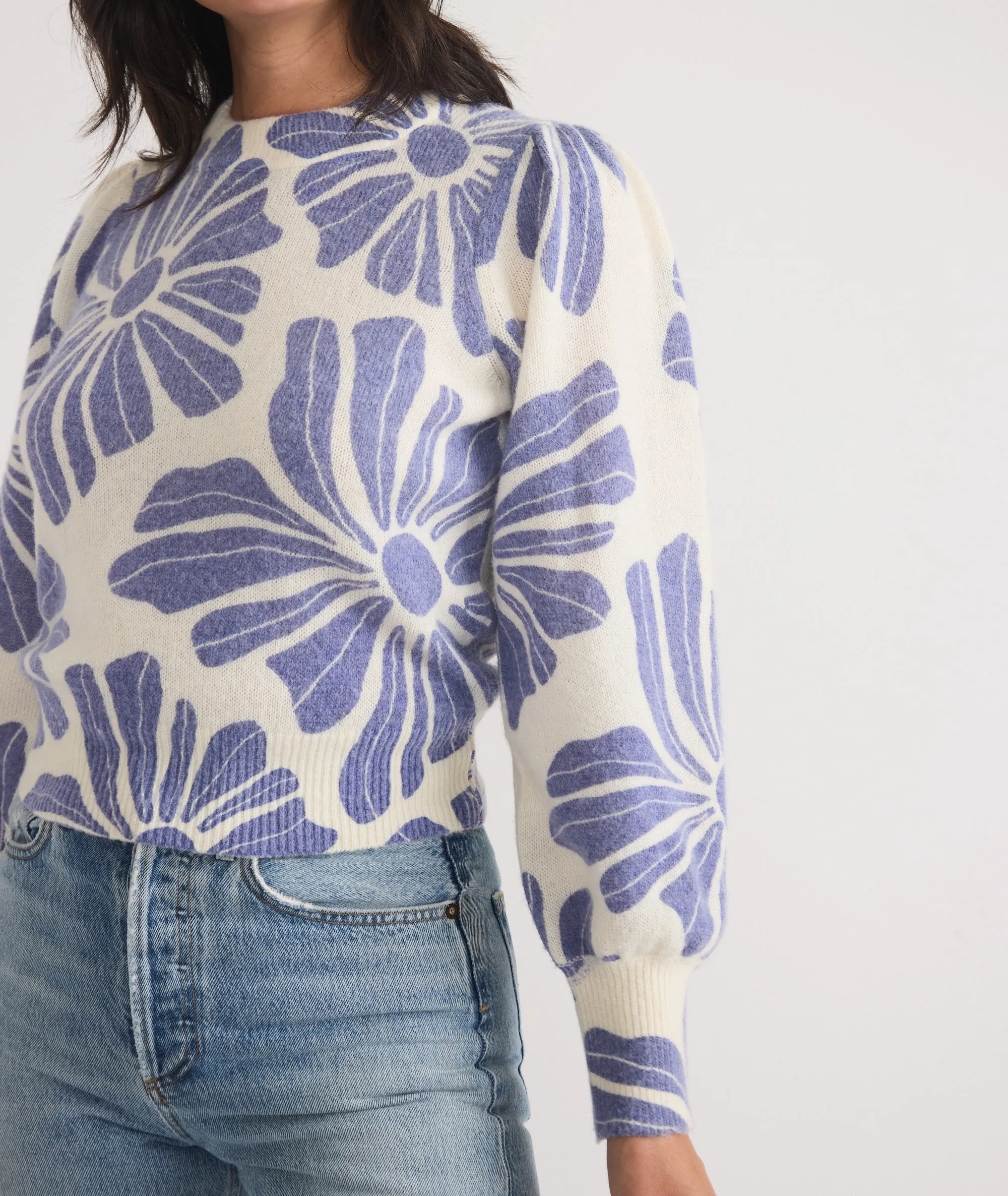 Marine Layer Print Alma Puff Sleeve Sweater in Royal Blue Floral