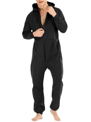 Men  Mulit Pockets Thicken Loungewear Zip Down Jumpsuit Plain Hooded Pajamas