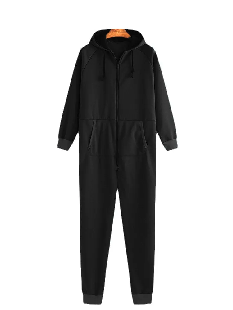 Men  Mulit Pockets Thicken Loungewear Zip Down Jumpsuit Plain Hooded Pajamas