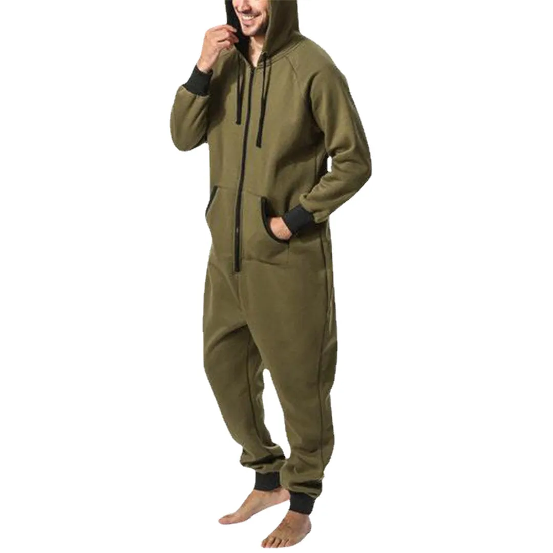 Men  Mulit Pockets Thicken Loungewear Zip Down Jumpsuit Plain Hooded Pajamas