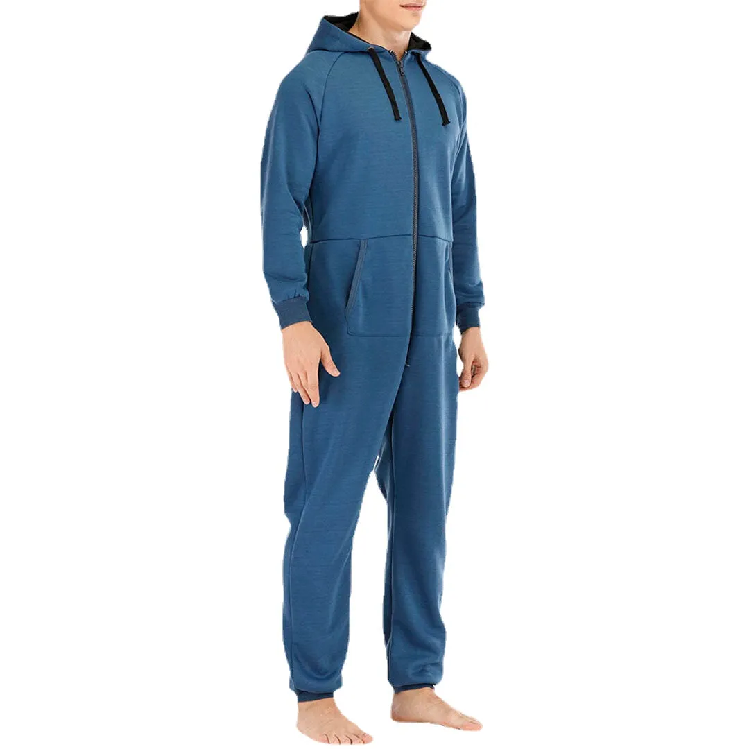 Men  Mulit Pockets Thicken Loungewear Zip Down Jumpsuit Plain Hooded Pajamas