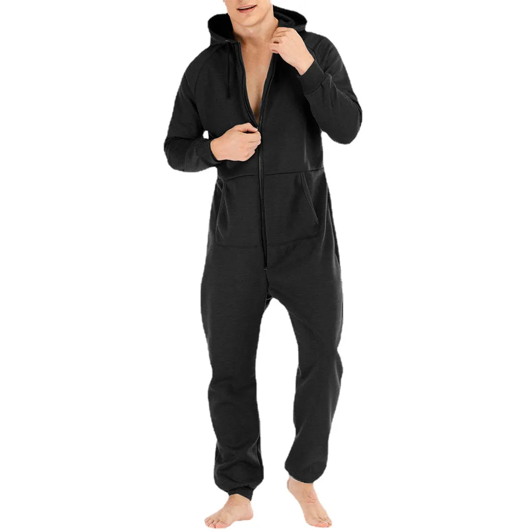 Men  Mulit Pockets Thicken Loungewear Zip Down Jumpsuit Plain Hooded Pajamas