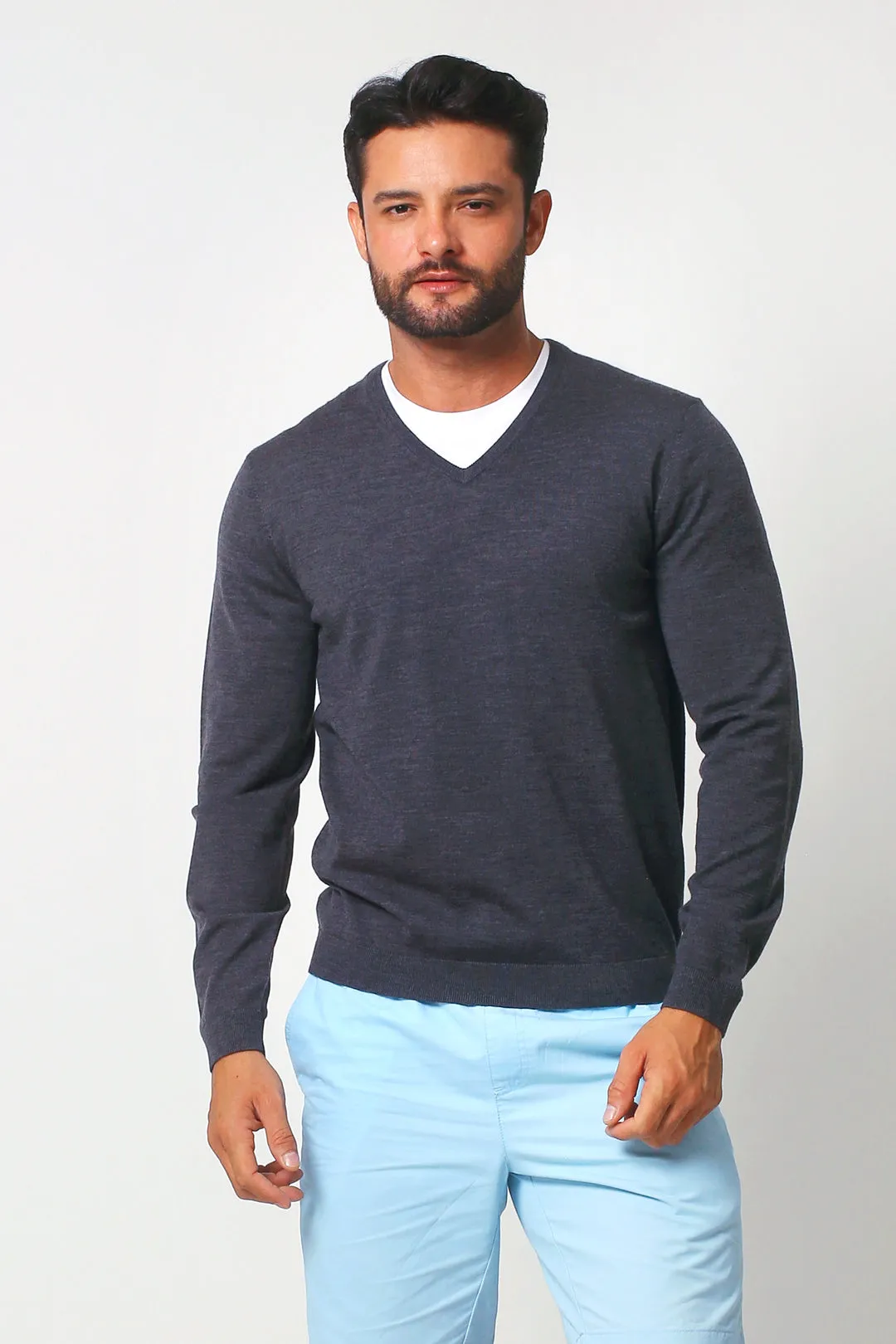 Merino Wool V-Neck Sweater - Charcoal