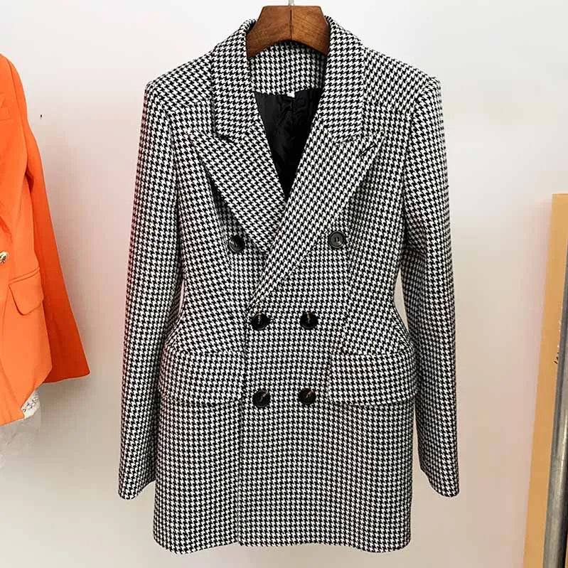 Middle Length Double Breasted Wollen Blend Houndstooth Tweed Blazer