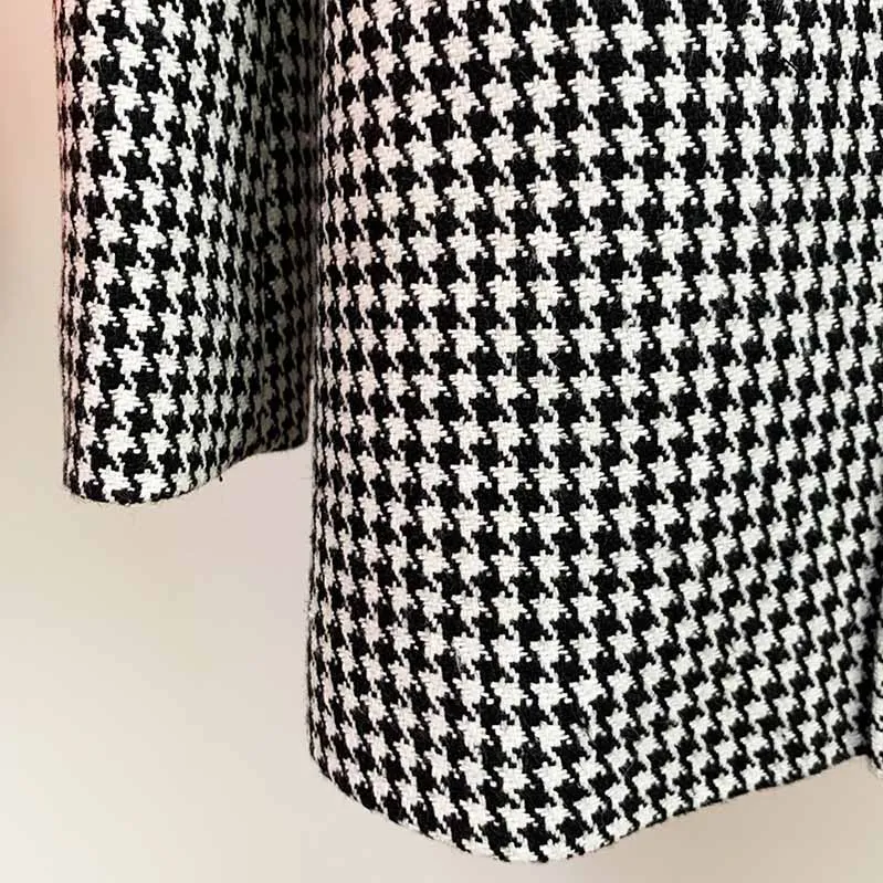 Middle Length Double Breasted Wollen Blend Houndstooth Tweed Blazer