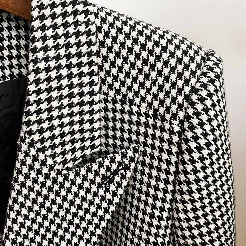 Middle Length Double Breasted Wollen Blend Houndstooth Tweed Blazer