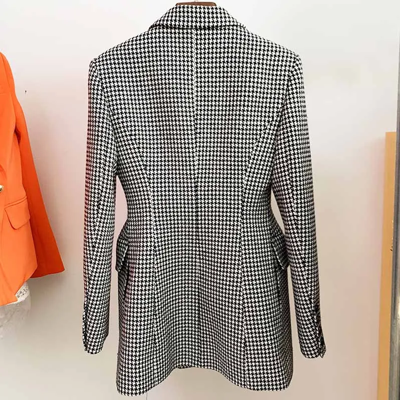 Middle Length Double Breasted Wollen Blend Houndstooth Tweed Blazer