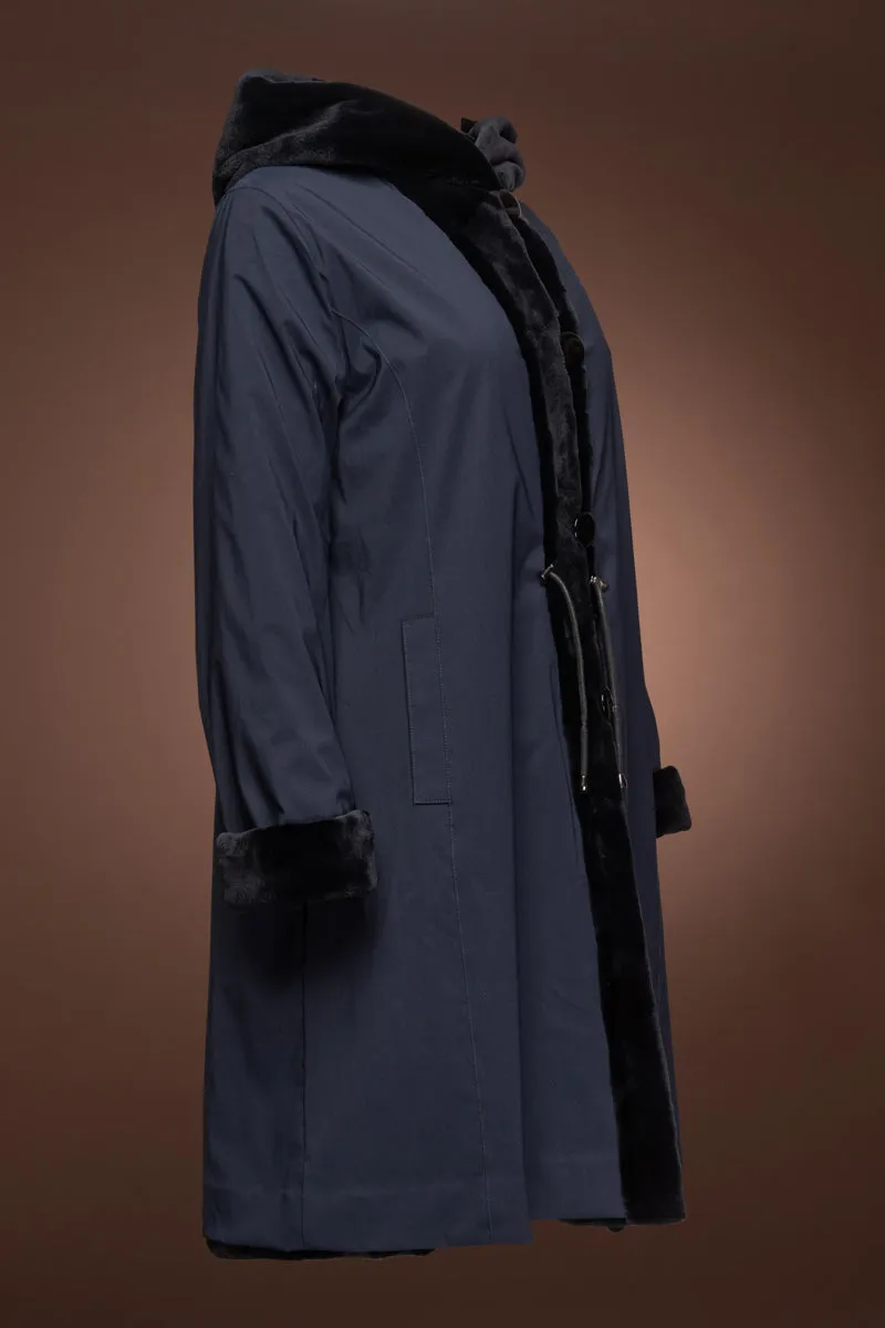 Navy Blue Reversible Hooded Sheared Mid-Length Mink Fur Coat