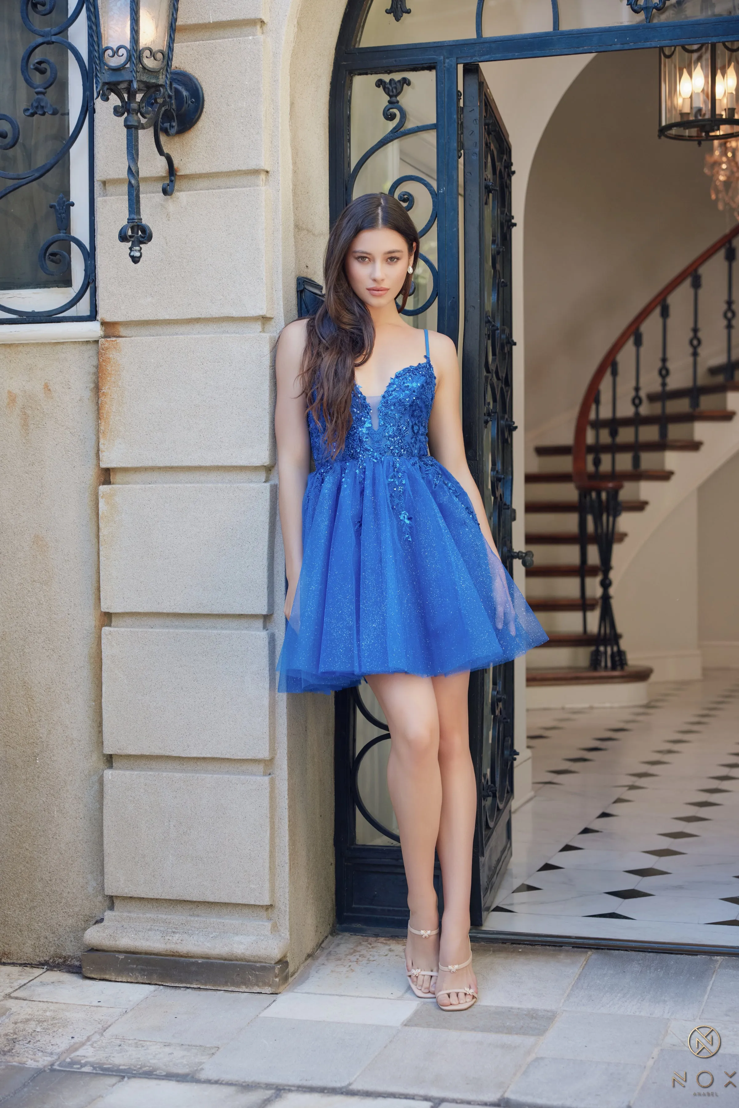 Nox Anabel E902 V-Neck Giltter Tulle Short Dress