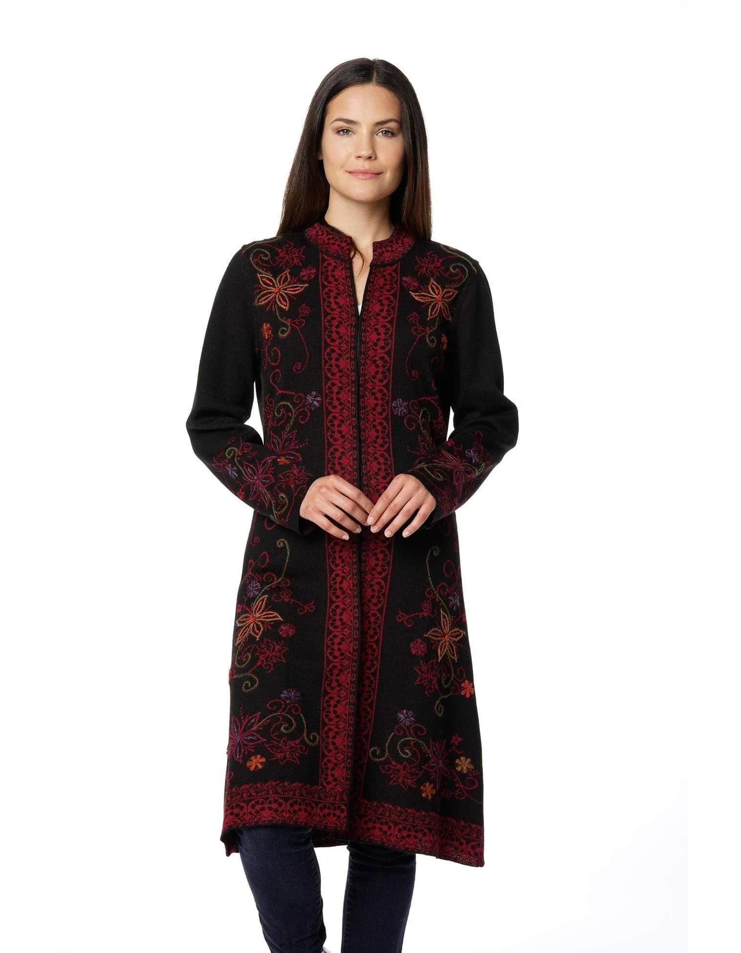 Ottoman Embroidered Baby Alpaca Long Sweater Coat for Women