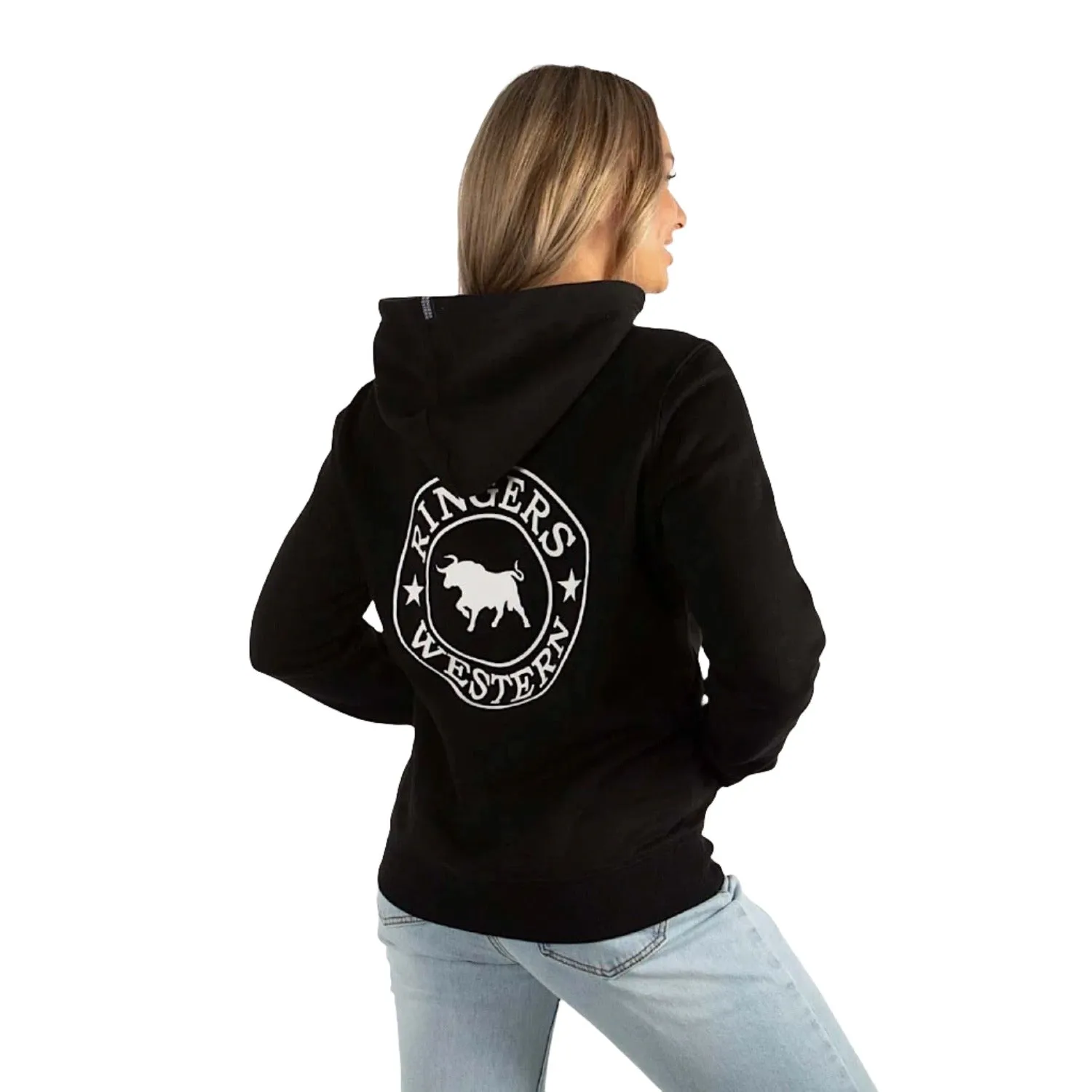 Ringers Western Signature Bull Women's Pullover Hoodie - Black With White Print