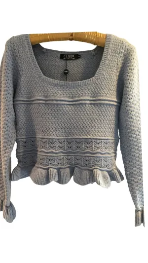 Square neck knit with long sleeve and ruffle detail