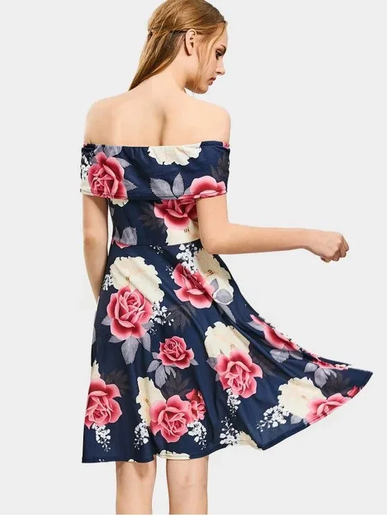 TastyHottie - Fun Floral Print Off The Shoulder Flare Dress