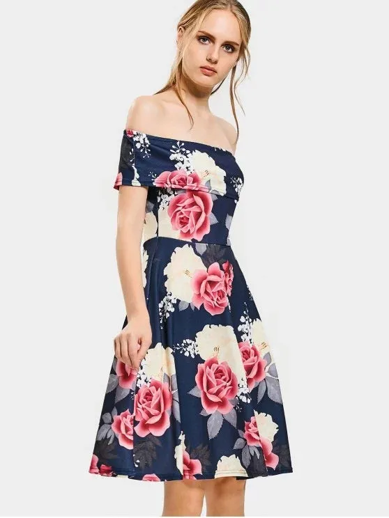 TastyHottie - Fun Floral Print Off The Shoulder Flare Dress