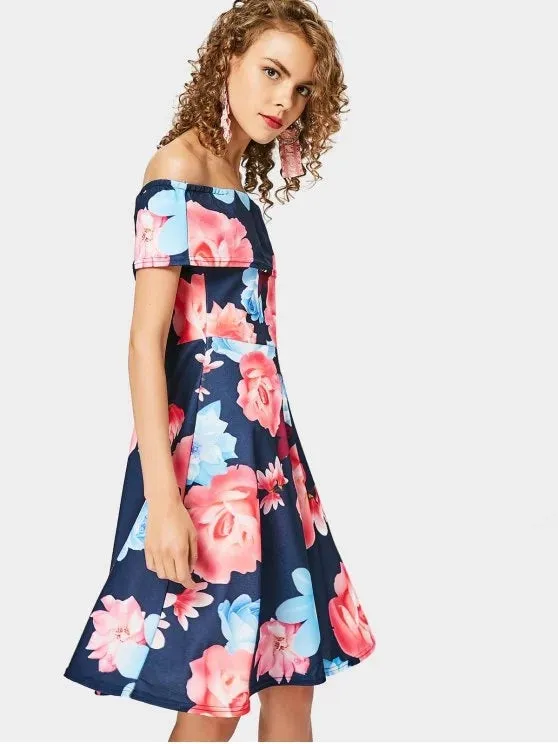 TastyHottie - Fun Floral Print Off The Shoulder Flare Dress