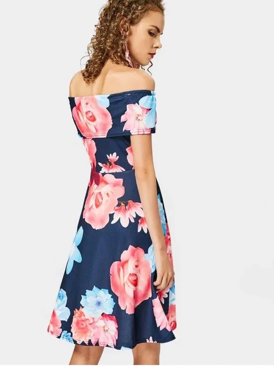 TastyHottie - Fun Floral Print Off The Shoulder Flare Dress