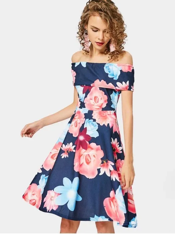 TastyHottie - Fun Floral Print Off The Shoulder Flare Dress