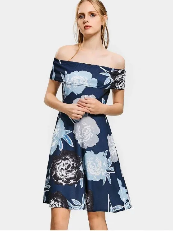 TastyHottie - Fun Floral Print Off The Shoulder Flare Dress