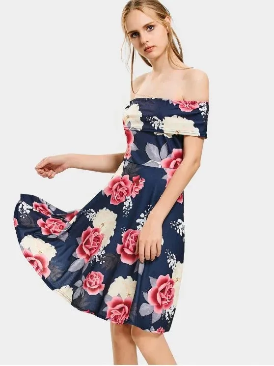 TastyHottie - Fun Floral Print Off The Shoulder Flare Dress