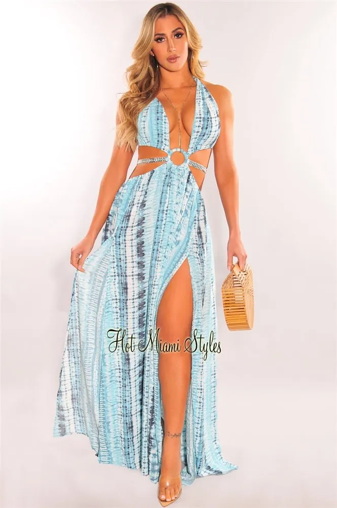 Teal Tie Dye O-Ring Cut Out Silver Belted Double Slit Maxi Dress