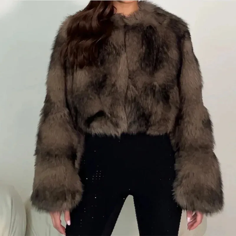 Vintage Winter Women Round Neck Faux Fur Short Coats Elegant Thick Large Cuffs Solid Fur Coat Warm Lady Chic High Street Outwear